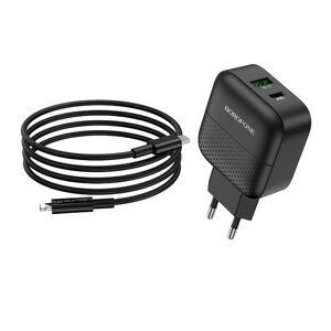 Зарядное устройство сетевое Borofone BA46A USB+Type-C 3A QC3.0 PD 18W+Typ-C-Lightning black