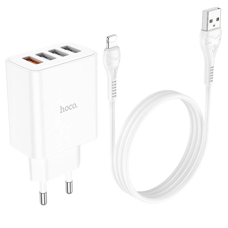 Зарядное устройство сетевое Hoco C102A 4USB 2.1A QC3.0+Lightning white от компании F-MART - фото 1