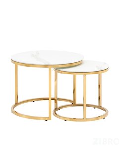 Журнальный столик Селена 60 и 45 см стекло белый мрамор сталь золото