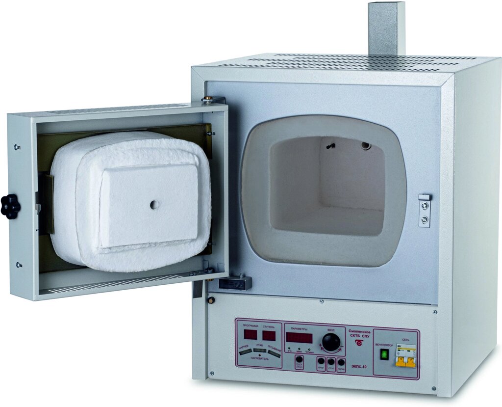 Муфельная печь 10 л, +50/+1100 °C, с полуоткрытыми нагревателями и вытяжкой, выход на ПК от компании Labdevices - Лабораторное оборудование и посуда - фото 1