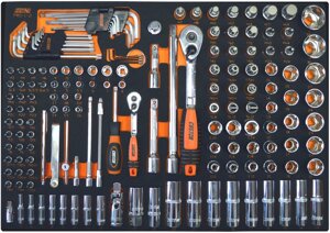 Набор инструментов, (1/2″, 1/4″ трещотки, головки, головки со вставкой, биты, аксессуары) в ложементе Custor