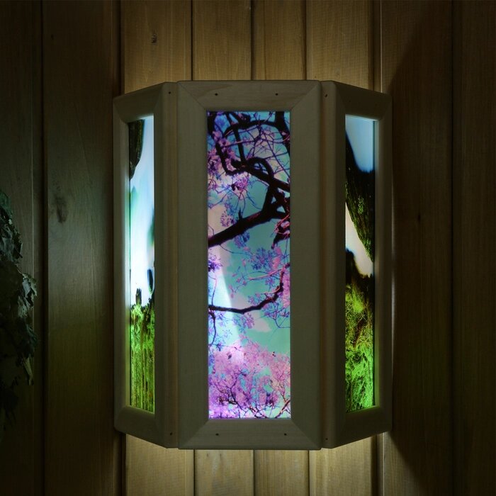 Абажур деревянный "Рисунок 1" со вставками из стекла с УФ печатью, малый, 33х29х12см от компании Интернет - магазин Flap - фото 1