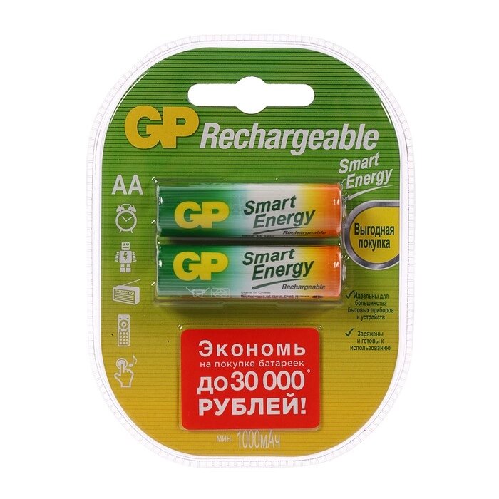 Аккумулятор GP, Ni-Mh, AA, HR6-2BL, 1.2В, 1000 мАч, блистер, 2 шт. от компании Интернет - магазин Flap - фото 1