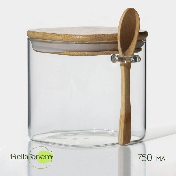 Банка стеклянная для сыпучих продуктов с бамбуковой крышкой и ложкой BellaTenero «Эко» 750 мл, 11,51011 см от компании Интернет - магазин Flap - фото 1