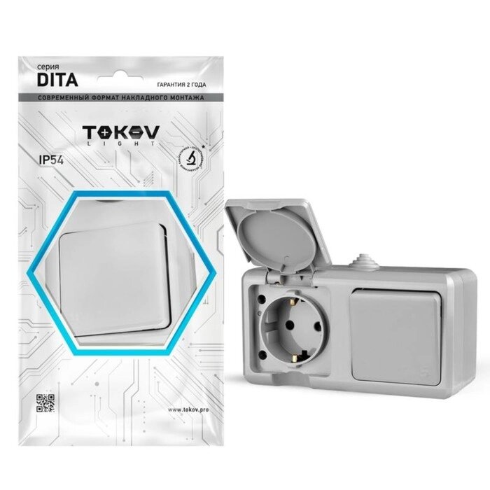 Блок TOKOV ELECTRIC, Dita (розетка 16А, 250В, с з/к + 1-кл. выкл. 10А), IP54, серый, TKL-DT-V1RZ-C06 от компании Интернет - магазин Flap - фото 1