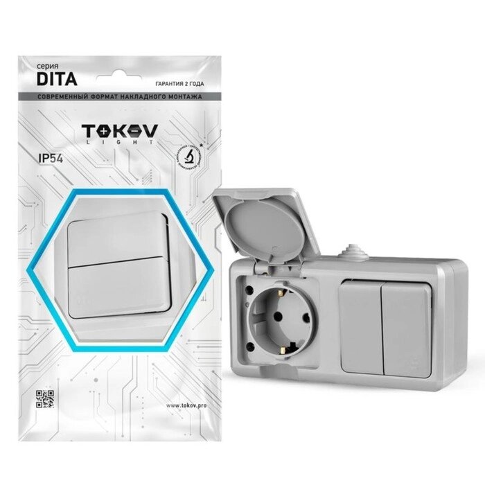 Блок TOKOV ELECTRIC, Dita (розетка 16А, 250В с з/к + 2-кл. выкл. 10А), IP54, серый, TKL-DT-V2RZ-C06 от компании Интернет - магазин Flap - фото 1