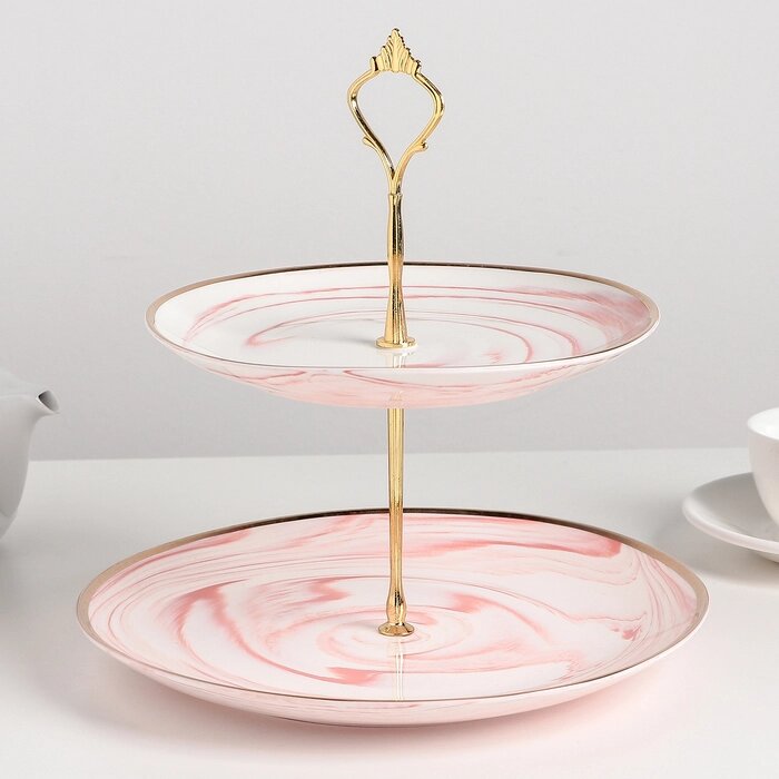 Блюдо керамическое 2-х ярусное «Мрамор», d=20,5/25 см, цвет розовый от компании Интернет - магазин Flap - фото 1