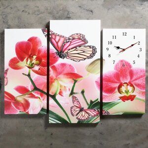 Часы-картина настенные, модульные "Бабочки на цветах", бесшумные, 60 х 80 см, триптих