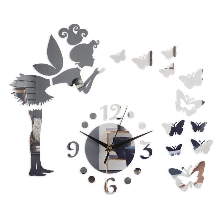 Часы-наклейка "Фея с бабочками", 60 х 60 см, 1 АА, серебро от компании Интернет - магазин Flap - фото 1