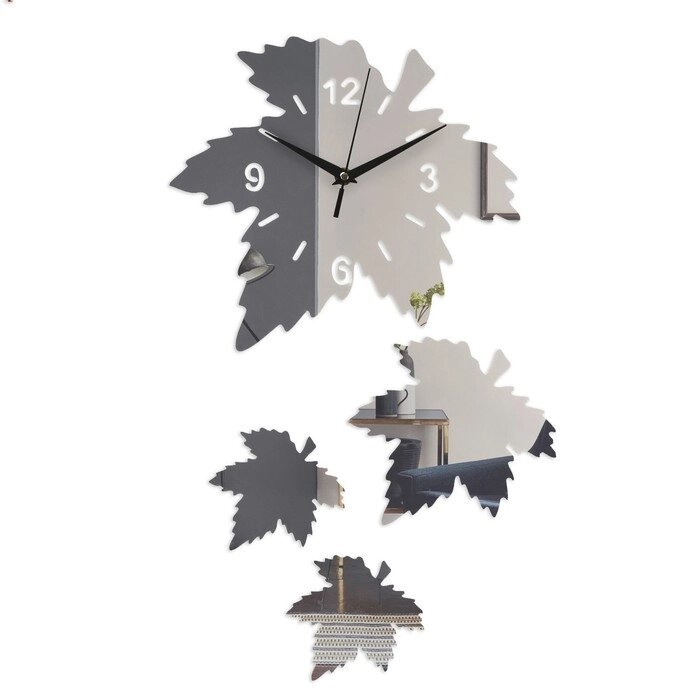 Часы-наклейка "Кленовый лист", часы 25 х 28 см, композиция 56 х 33 см, 1 АА, серебро от компании Интернет - магазин Flap - фото 1