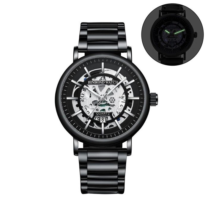 Часы наручные кварцевые мужские, d-4.4 см, ремешок l-26 см, 3 АТМ, светящиеся от компании Интернет - магазин Flap - фото 1