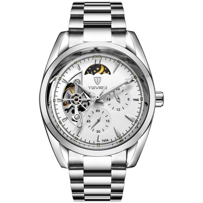 Часы наручные механические мужские, d-4.2 см, с хронографом, 3 АТМ, светящиеся, серебро от компании Интернет - магазин Flap - фото 1