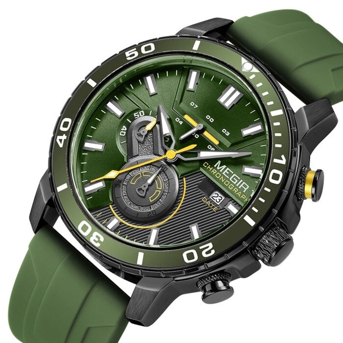 Часы наручные мужские, d-4.6 см, с хронографом, 3 АТМ, светящиеся, зеленые от компании Интернет - магазин Flap - фото 1