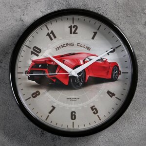 Часы настенные, интерьерные "Гоночный автомобиль", d-22.5 см, бесшумные, красные