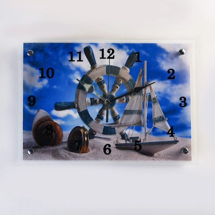 Часы настенные, серия: Море, "Штурвал и яхта на песке", 25х35  см от компании Интернет - магазин Flap - фото 1