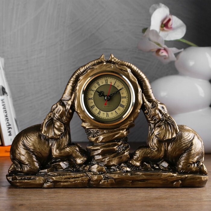Часы настольные каминные "Два слона", 30 х 20 х 7 см, d-6.5 см, золото от компании Интернет - магазин Flap - фото 1