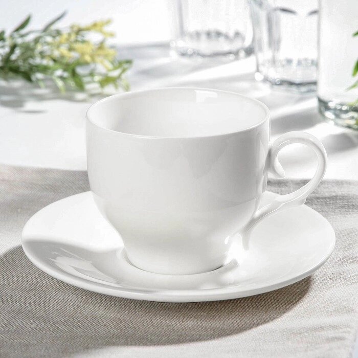 Чайная пара фарфоровая Wilmax, 2 предмета: чашка 330 мл, блюдце d=15,6 см, цвет белый (комплект из 6 шт.) от компании Интернет - магазин Flap - фото 1