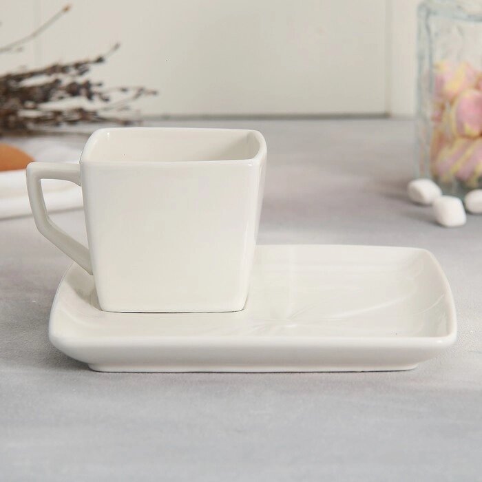Чайная пара керамическая «Белый подарок», кружка 150 мл, блюдце 15.5х15.5 см, цвет белый от компании Интернет - магазин Flap - фото 1