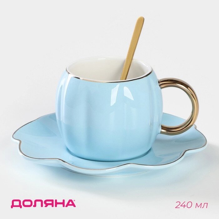 Чайная пара керамическая «Цветок», 3 предмета: чашка 240 мл, блюдце d=16 см, ложка, цвет голубой от компании Интернет - магазин Flap - фото 1