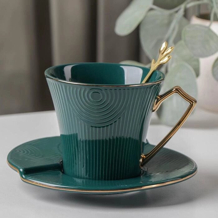 Чайная пара керамическая «Элизабет», 3 предмета: чашка 240 мл, блюдце d=13,5 см, ложка, цвет зелёный от компании Интернет - магазин Flap - фото 1