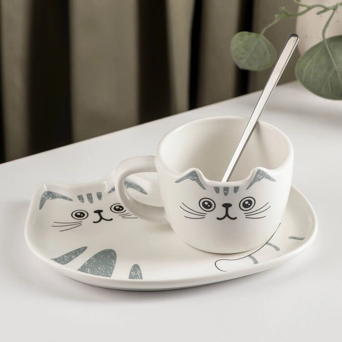 Чайная пара керамическая «Котик», 3 предмета: чашка 200 мл, блюдце 18,513,5 см, ложка от компании Интернет - магазин Flap - фото 1
