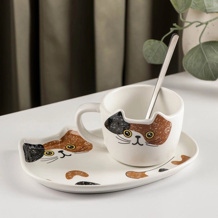 Чайная пара керамическая «Котик», 3 предмета: чашка 200 мл, блюдце 18,513,5 см, ложка от компании Интернет - магазин Flap - фото 1