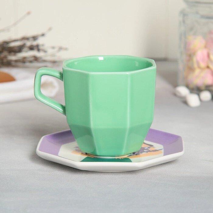 Чайная пара керамическая «Лаванда», кружка 200 мл, блюдце 13 см, цвет зелёный от компании Интернет - магазин Flap - фото 1