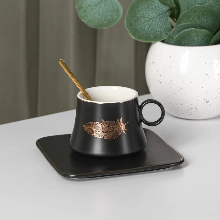 Чайная пара керамическая «Лист», 2 предмета: кружка с ложкой 180 мл, блюдце d=13,5 см, цвет чёрный от компании Интернет - магазин Flap - фото 1