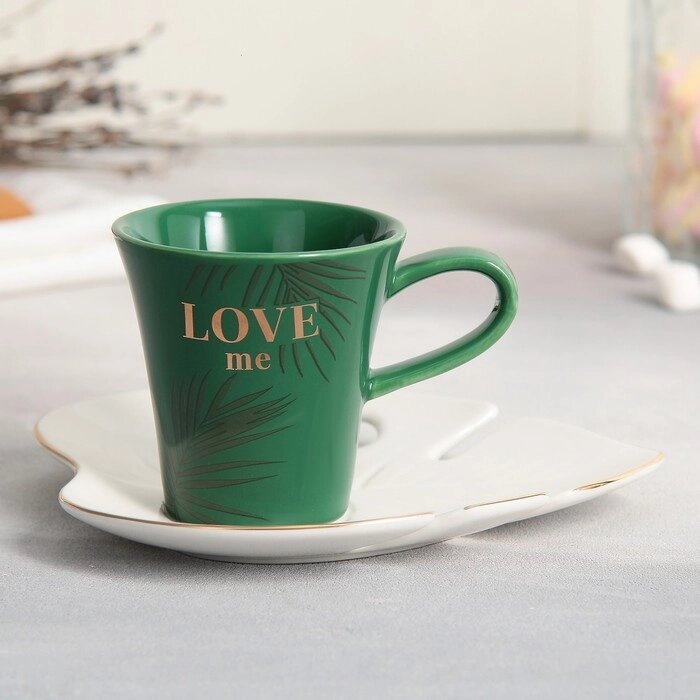 Чайная пара керамическая Love me, кружка 100 мл, блюдце 15х14 см, цвет бело-зелёный от компании Интернет - магазин Flap - фото 1