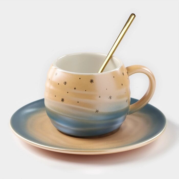 Чайная пара керамическая «Магия», 3 предмета: кружка 260 мл, блюдце d=15,8 см, ложка h=14 см, цвет оранжево-синий от компании Интернет - магазин Flap - фото 1