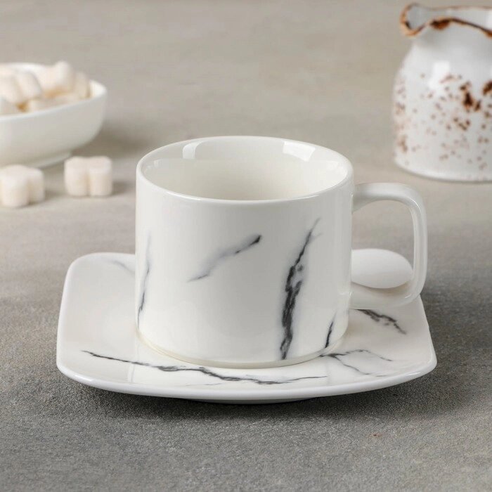 Чайная пара керамическая «Мрамор», 2 предмета: чашка 220 мл, блюдце d=14 см, цвет белый (комплект из 8 шт.) от компании Интернет - магазин Flap - фото 1