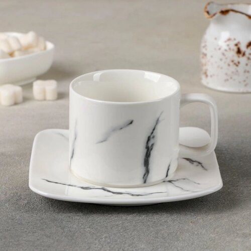 Чайная пара керамическая «Мрамор», 2 предмета: чашка 220 мл, блюдце d=14 см, цвет белый (комплект из 8 шт.)
