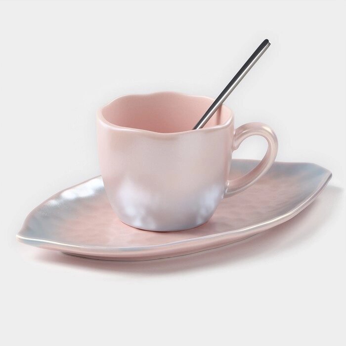 Чайная пара керамическая «Перламутр», 3 предмета: кружка 190 мл, блюдце d=21 см, ложка h=13 см от компании Интернет - магазин Flap - фото 1