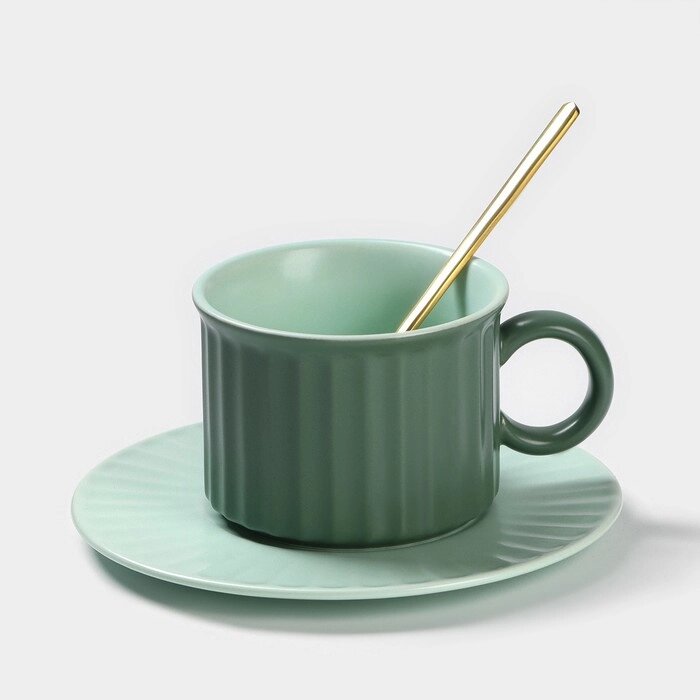 Чайная пара керамическая «Профитроль», 3 предмета: чашка 180 мл, блюдце d=13,7 см, ложка, цвет зелёный от компании Интернет - магазин Flap - фото 1