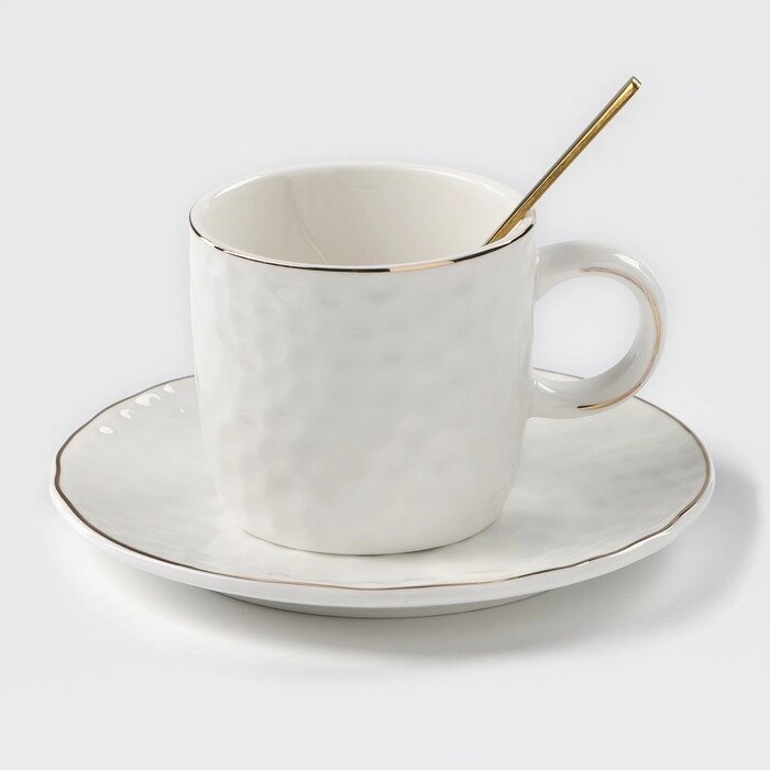 Чайная пара керамическая «Роскошь», 3 предмета: кружка 200 мл, блюдце d=15 см, ложка h=13 см, цвет белый от компании Интернет - магазин Flap - фото 1