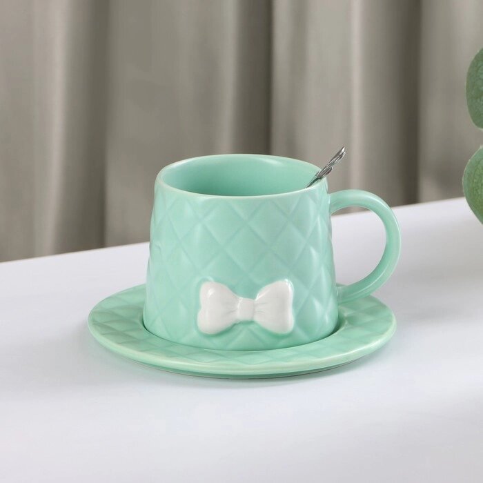 Чайная пара керамическая с ложкой «Бантик», 2 предмета: кружка 350 мл, блюдце d=15 см, цвет зелёный от компании Интернет - магазин Flap - фото 1