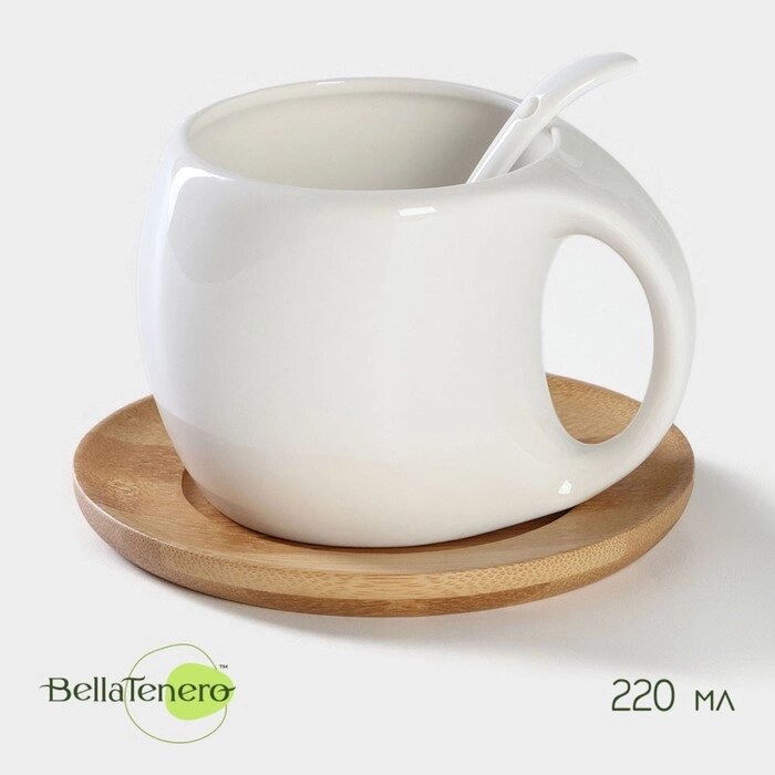 Чайная пара керамическая с ложкой BellaTenero, 3 предмета: чашка 220 мл, ложка, деревянное блюдце, цвет белый от компании Интернет - магазин Flap - фото 1