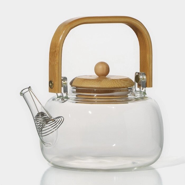 Чайник стеклянный заварочный с бамбуковой крышкой и металлическим фильтром «Эко. Бабл», 800 мл, 1813,512,5 см от компании Интернет - магазин Flap - фото 1