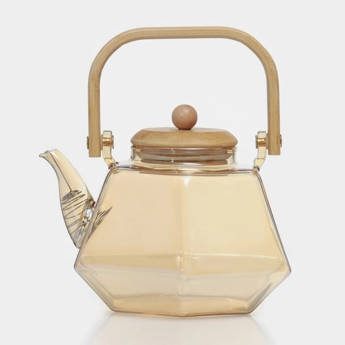 Чайник стеклянный заварочный с бамбуковой крышкой и металлическим фильтром «Октогон», 1,2 л, цвет золотой от компании Интернет - магазин Flap - фото 1