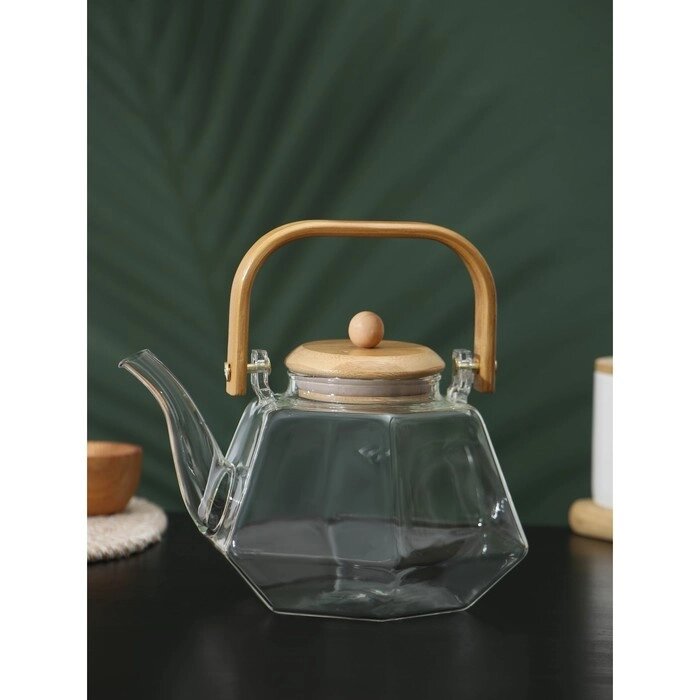Чайник заварочный стеклянный с бамбуковой крышкой и металлическим фильтром BellaTenero «Октогон», 1,2 л от компании Интернет - магазин Flap - фото 1