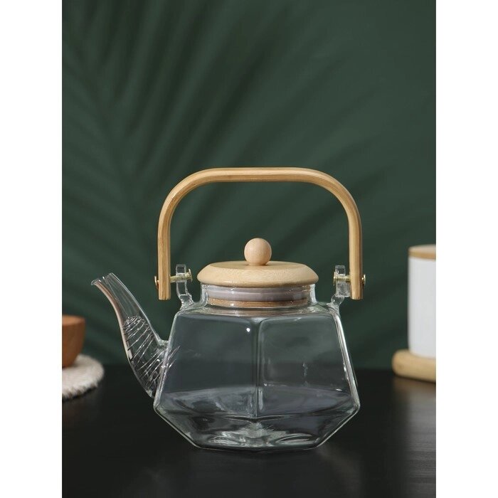 Чайник заварочный стеклянный с бамбуковой крышкой и металлическим фильтром BellaTenero «Октогон», 800 мл от компании Интернет - магазин Flap - фото 1