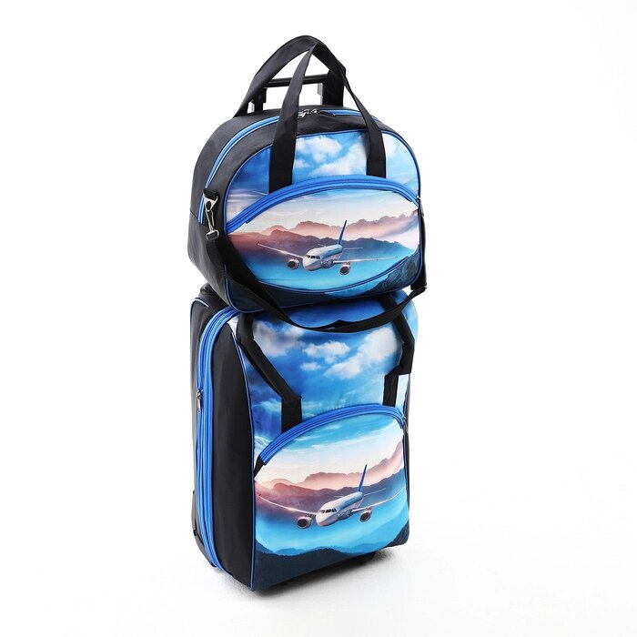 Чемодан на молнии, дорожная сумка, набор 2 в 1, цвет чёрный/голубой от компании Интернет - магазин Flap - фото 1