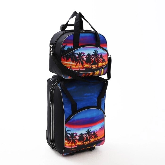 Чемодан на молнии, дорожная сумка, набор 2 в 1, цвет чёрный/разноцветный от компании Интернет - магазин Flap - фото 1