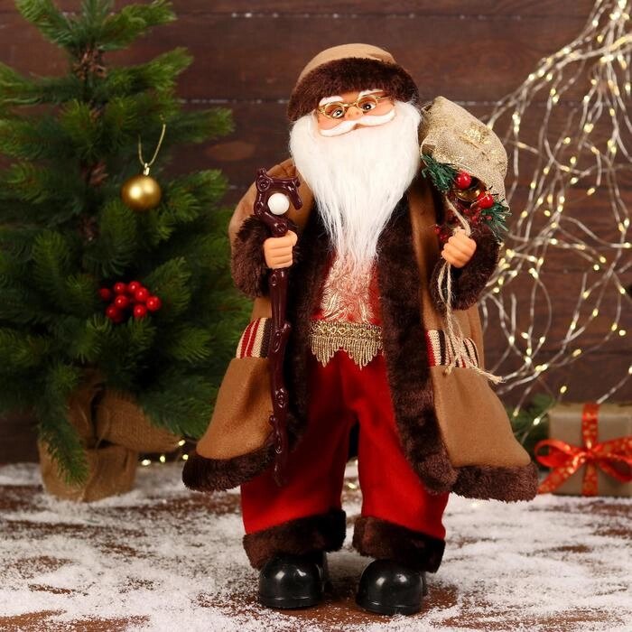 Дед Мороз "В коричневой шубке, с посохом" двигается, 20х50 см от компании Интернет - магазин Flap - фото 1