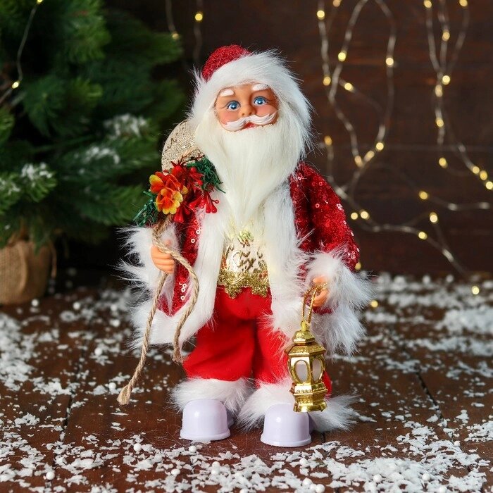 Дед Мороз "В костюме с пайетками, с фонариком" двигается, с подсветкой, 28 см, красный от компании Интернет - магазин Flap - фото 1