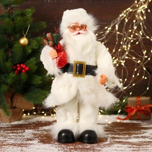 Дед Мороз "В меховом белом костюмчике, с мешком" двигается, 20х40 см