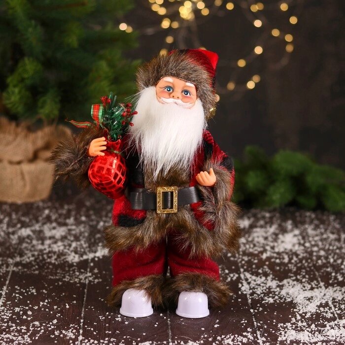 Дед Мороз "В меховом красном костюмчике, с мешком" двигается, 11х30 см от компании Интернет - магазин Flap - фото 1