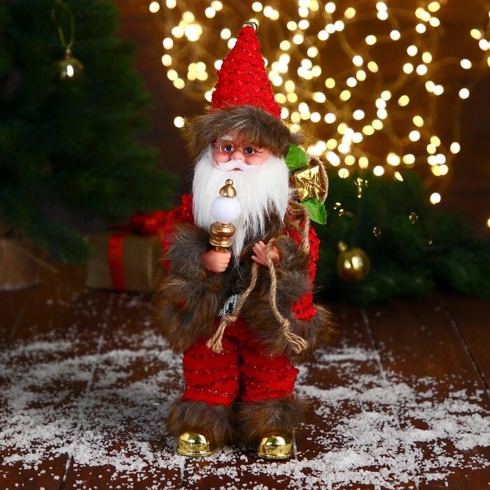 Дед Мороз "В свитере и шубке с коричневым мехом" двигается, лампа светится, 15х30 см от компании Интернет - магазин Flap - фото 1