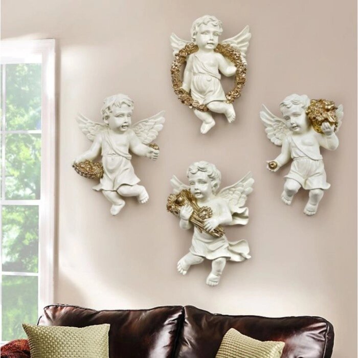 Декор настенный "Ангелочки" 4 штуки 20.5 x 14.5 x 5.5 см, белый с золотом от компании Интернет - магазин Flap - фото 1
