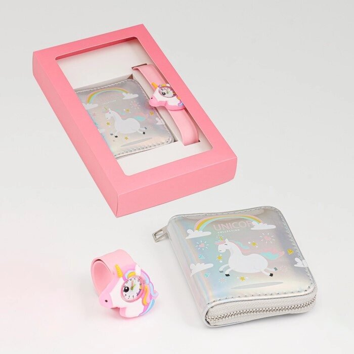 Детский подарочный набор для девочек "Единорожка" 2 в 1: наручные часы, кошелёк от компании Интернет - магазин Flap - фото 1